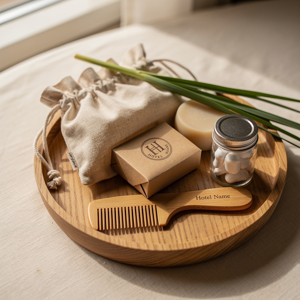 Kit amenities ramah lingkungan dengan pouch katun dan sabun batang untuk hotel