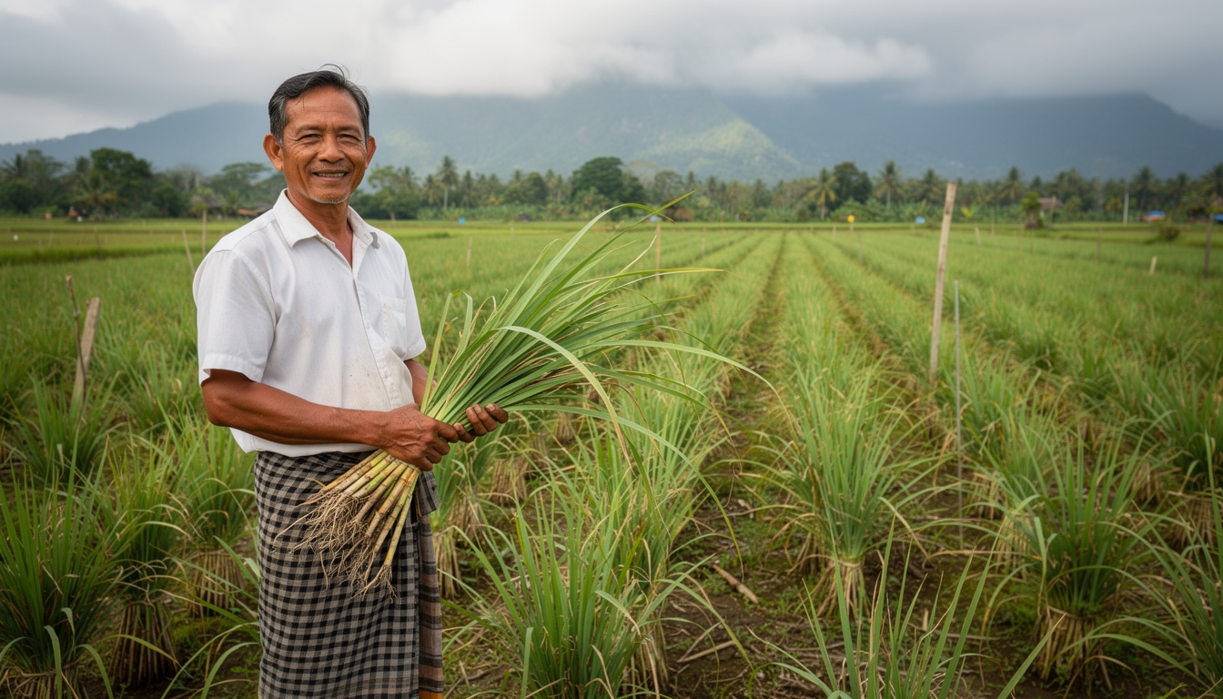Petani Bali memanen sereh segar yang digunakan sebagai bahan baku sabun Vocarnub