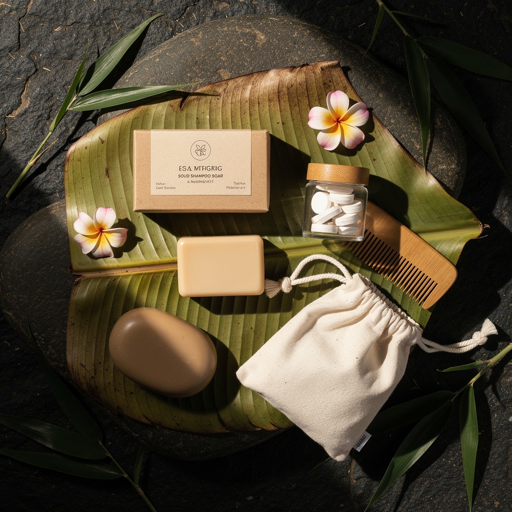 Display amenities kit eco-resort dengan sisir bambu dan sabun batang di atas daun pisang kering