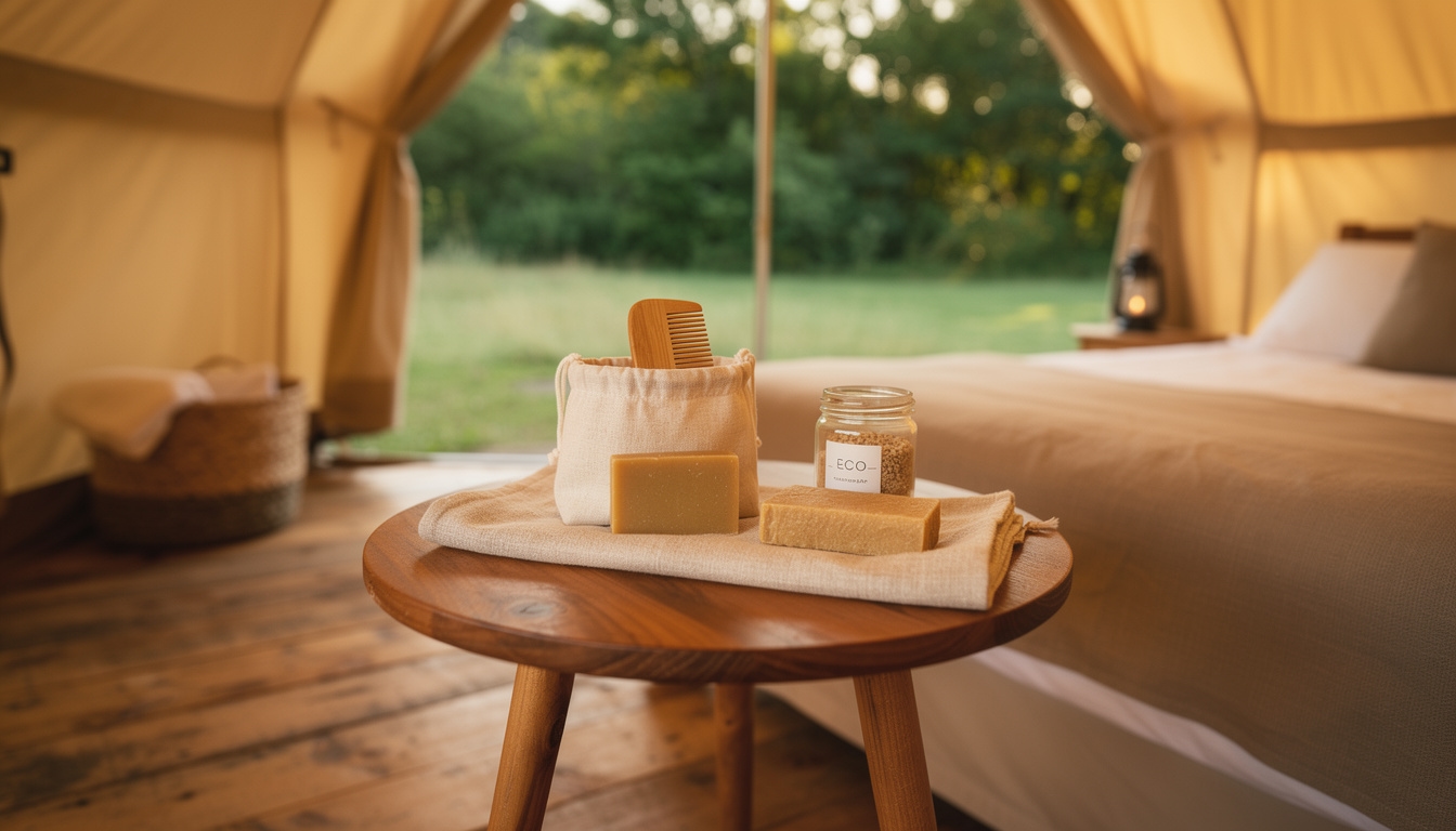Kit amenities alami di atas nampan kayu di dalam tenda glamping mewah