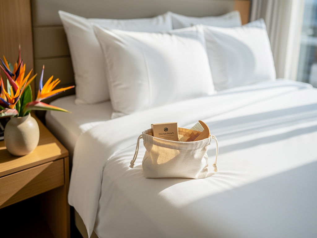 Kamar hotel butik dengan kit amenities dalam pouch katun di atas bantal putih