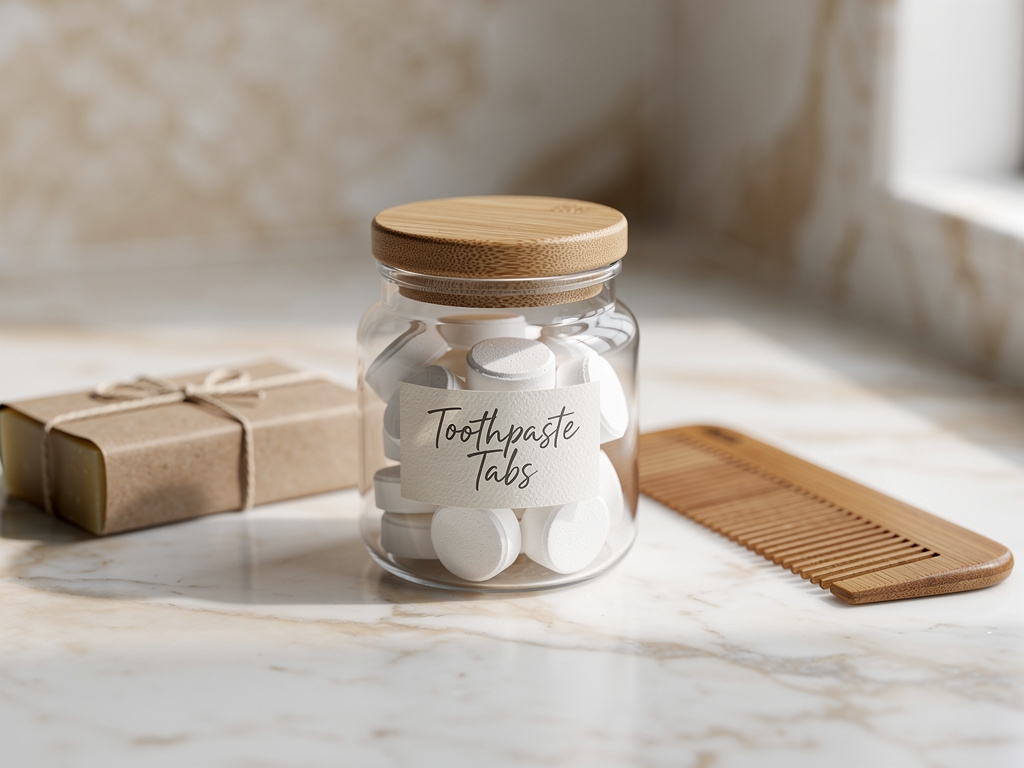 Pasta gigi tablet dalam toples kaca kecil bersama item kit amenities lainnya