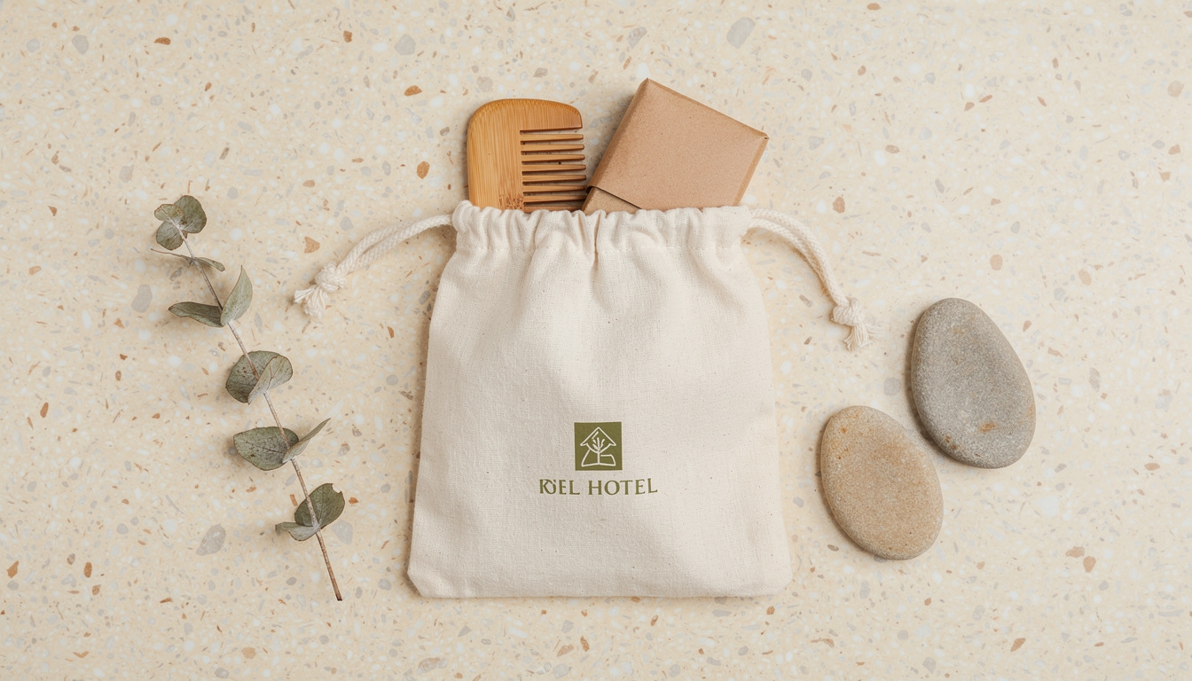 Pouch katun reusable dengan logo hotel tersablon, tampak dari atas