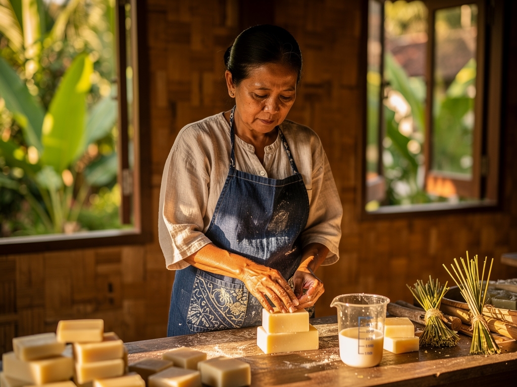 Proses produksi sabun batang di workshop Bali, tangan pengrajin membentuk sabun