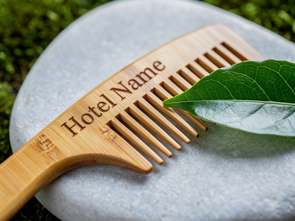 Sisir bambu dengan nama hotel terukir, detail close-up