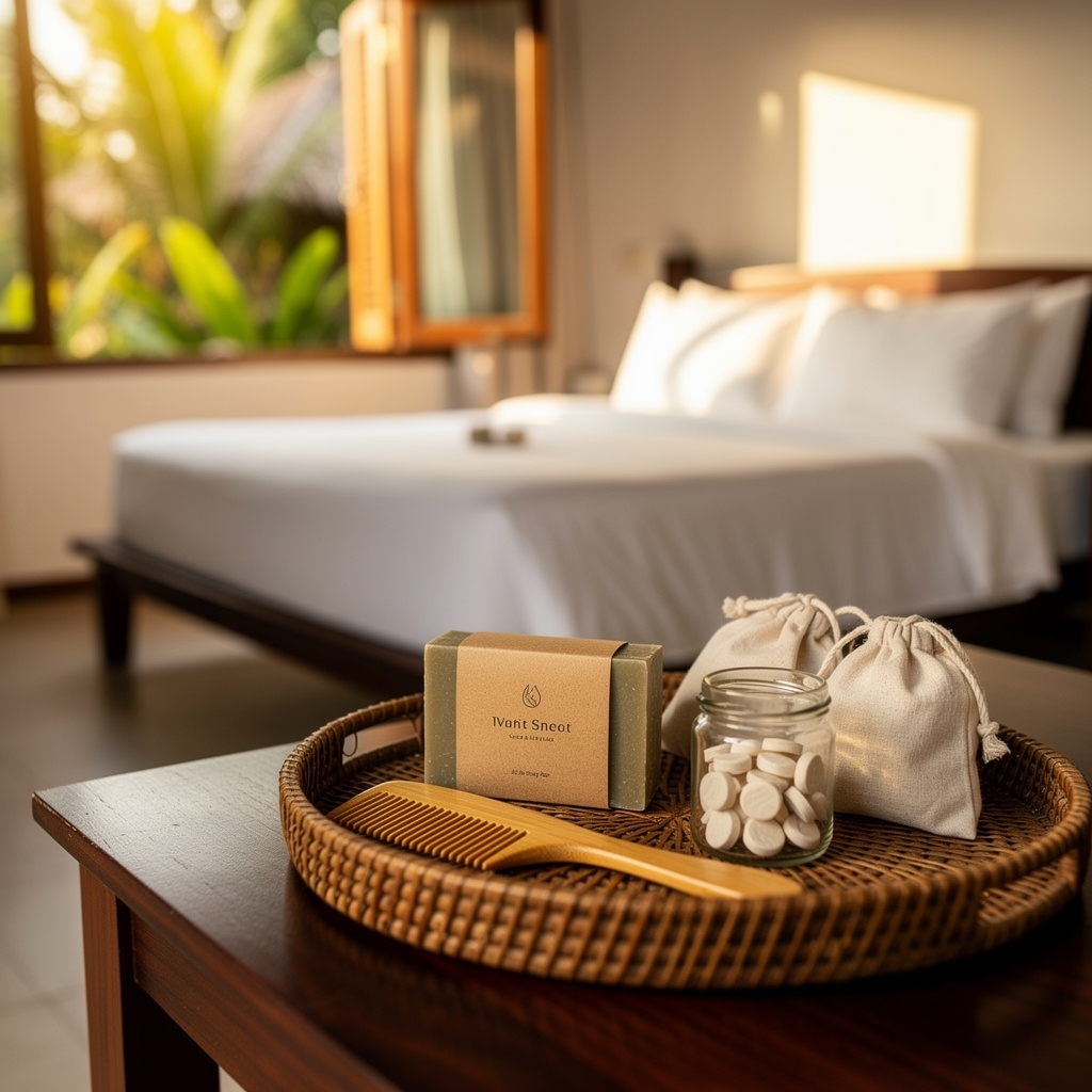 Tampilan amenities kit di atas meja kayu villa Bali yang elegan